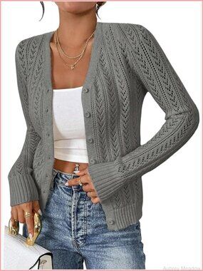 Pointelle Button Up Crochet Cropped Cardigan Sweater Shrug V-Neck